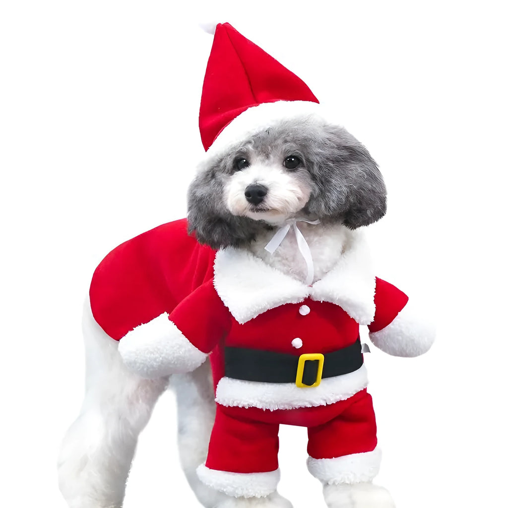 Red Santa Claus pet costume made from stretchable polar fleece fabric for dogs and cats