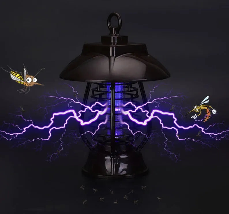 White solar powered mosquito lamp with solar panel and purple/white light switch for outdoor garden insect control