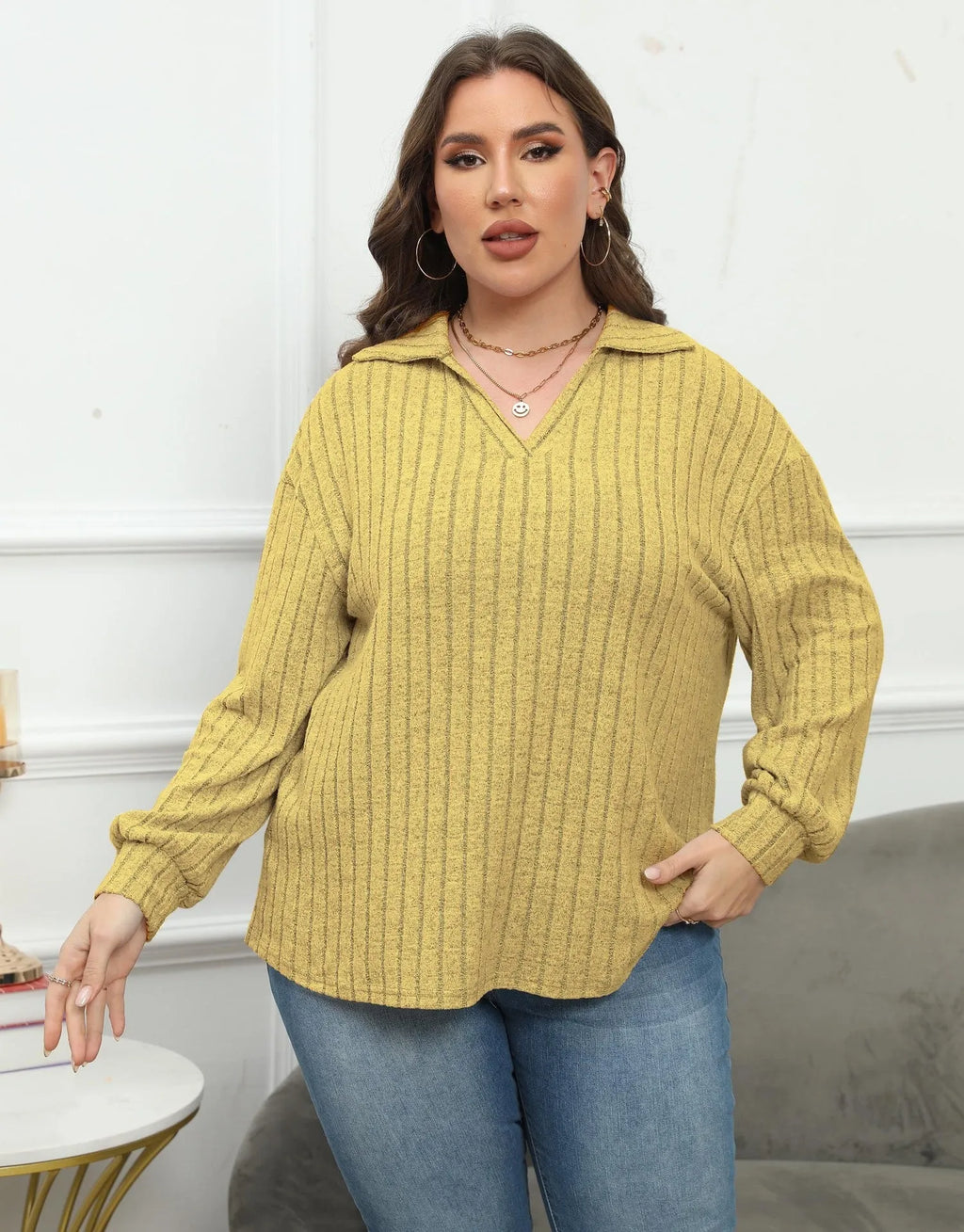 Women's plus size polo collar fleece shirt with lantern sleeves in melange gray