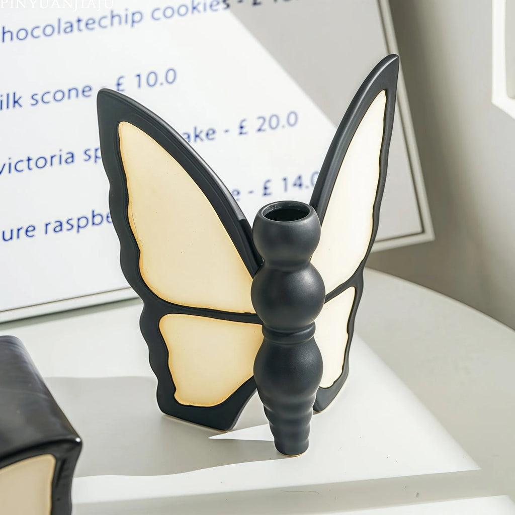 White ceramic butterfly vase and matching tissue box with waterproof coating