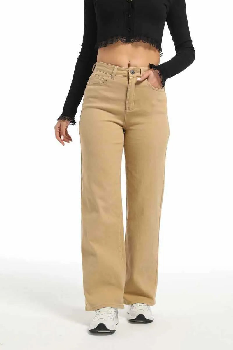 Women's apricot wide leg straight jeans with high waist on a hanger.