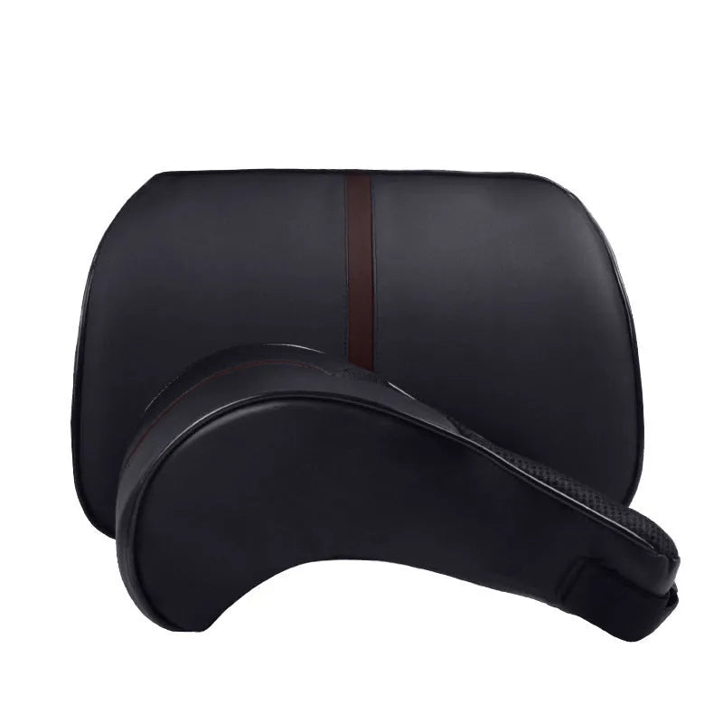 Solid-colour leather memory foam car cushion for head or lumbar support in beige, black, brown or coffee.