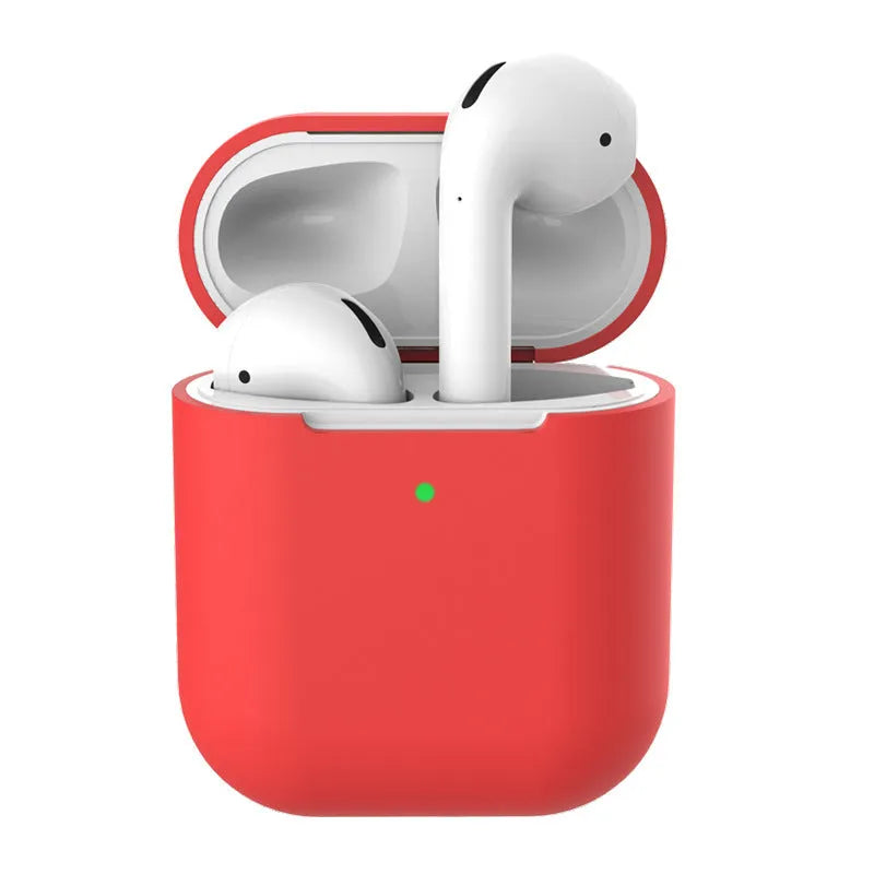 Silicone clamshell protector case for AirPods 2 wireless earphones shown in multiple colour options.