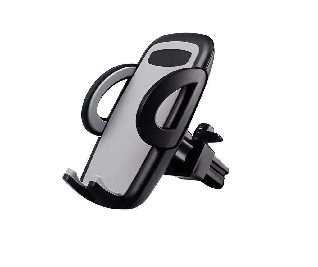 Black plastic mobile phone holder mounted on car air conditioning outlet vent