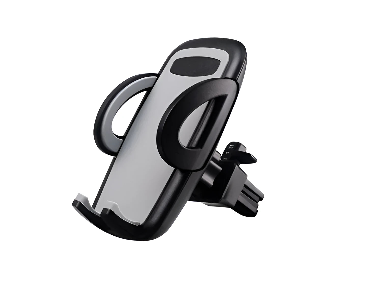 Black plastic mobile phone holder mounted on car air conditioning outlet vent