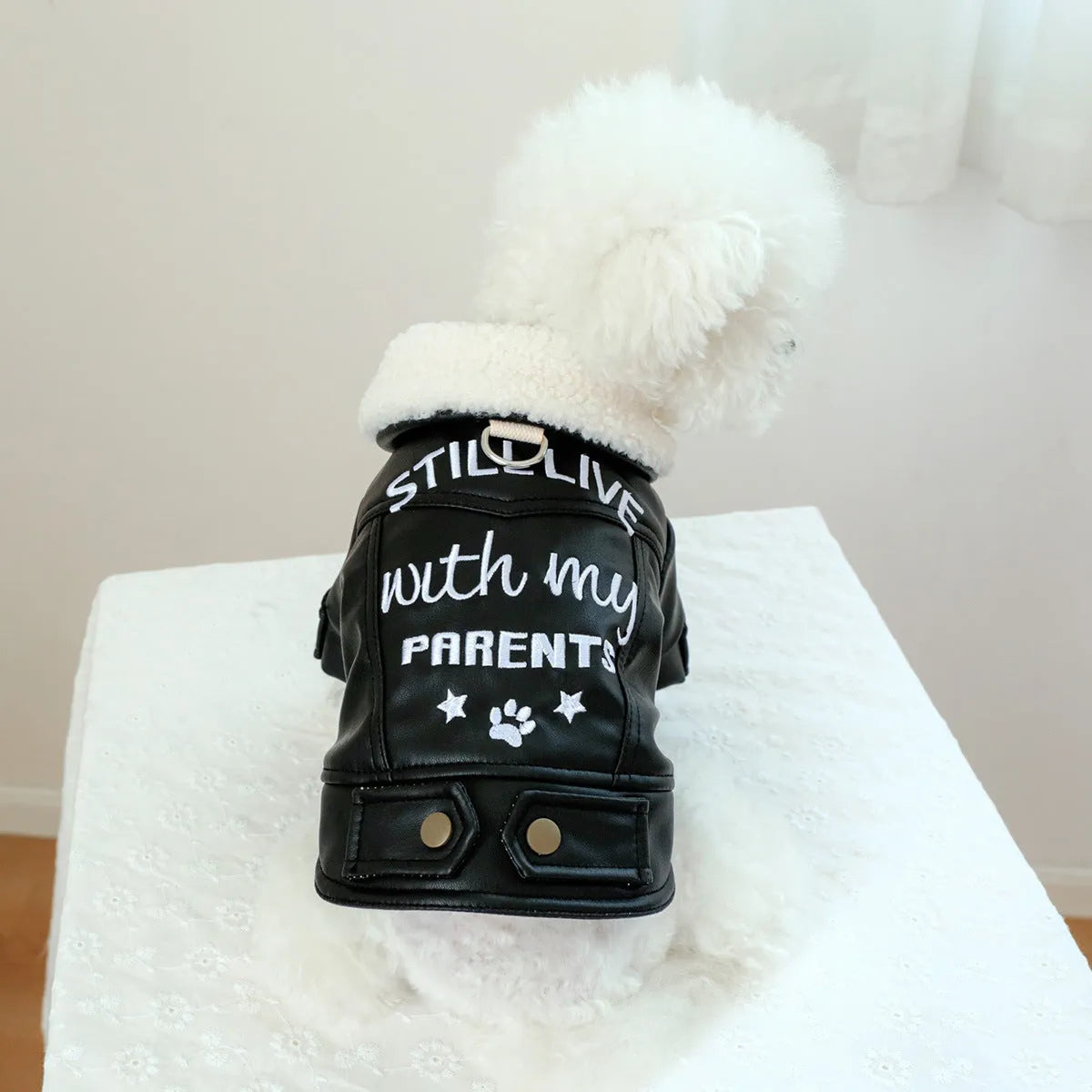 Large fur coat style fleece lined padded dog jacket for winter warmth in beige colour.