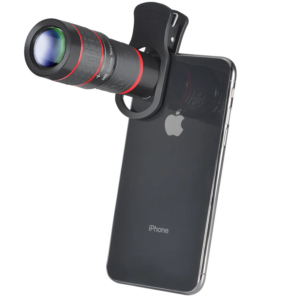 20x magnification cell phone telescope with universal clip on a smartphone.
