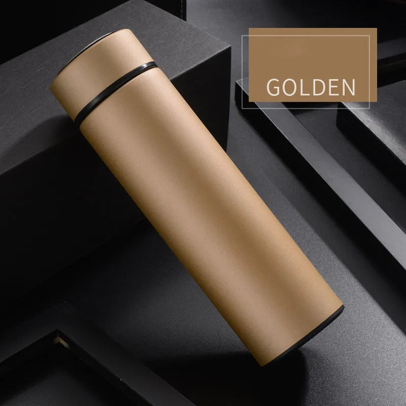 450ml stainless steel vacuum insulated water bottle in black, red, gold, and blue colours