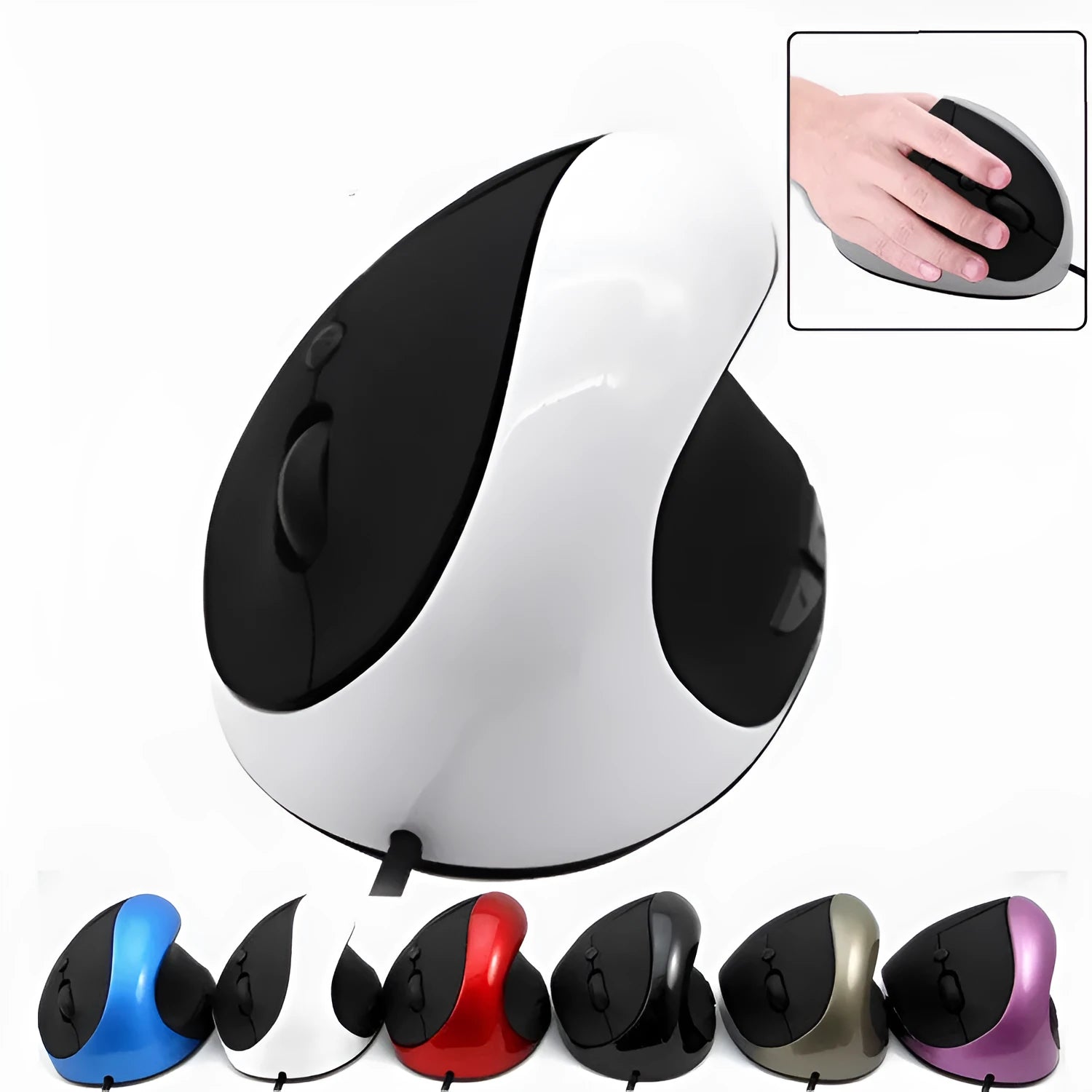Wired vertical ergonomic computer mouse with six buttons in various colour options