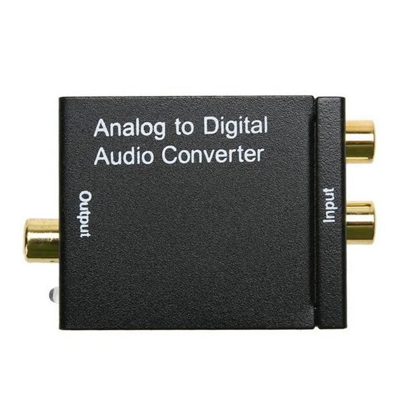 Black digital to analogue audio converter with Toslink and RCA inputs for DVD and AV systems.