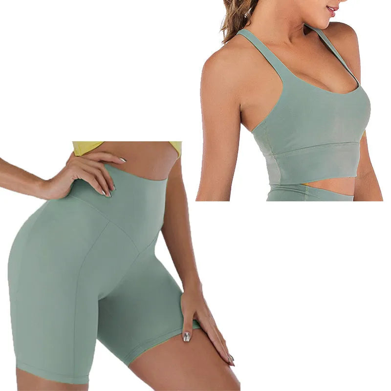 Women's yoga outfit with thick mold cup bra, glossy nylon spandex, fixed shoulder straps, green and purple gray