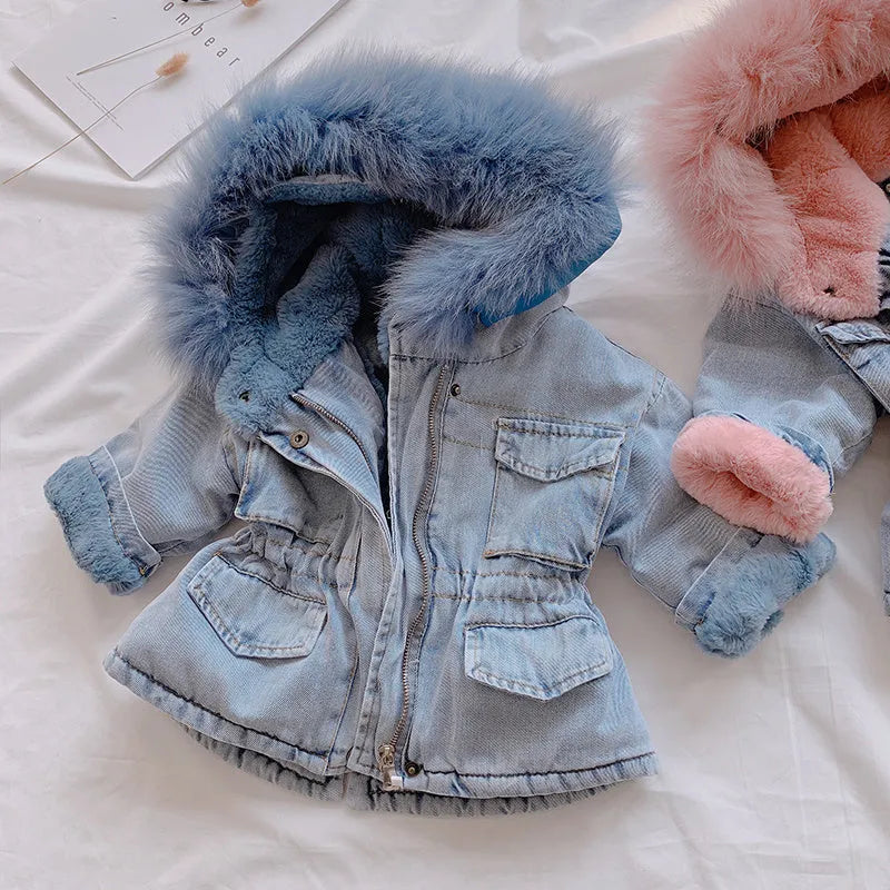 Blue denim coat for girls with a hood and plush fleece lining, shown on a hanger.