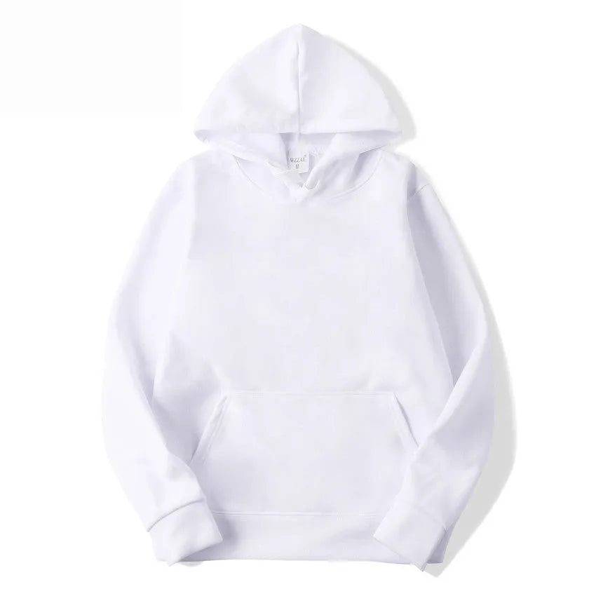 White unisex pullover hoodie with long sleeves and a hood on a hanger