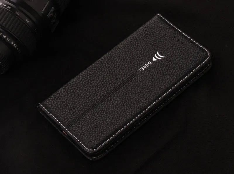 Black PU leather wallet case for iPhone with multiple card slots open.