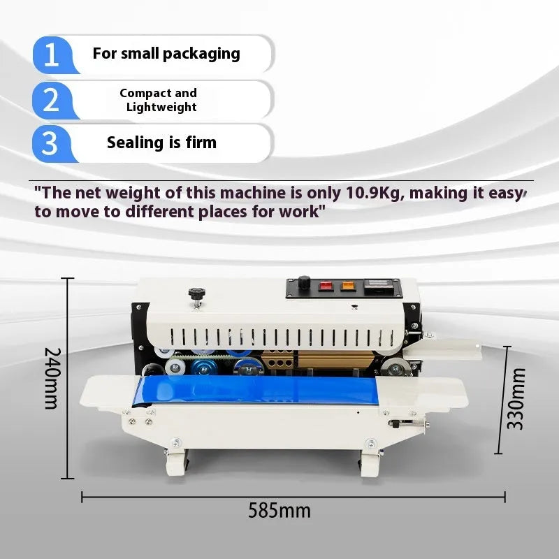 Compact steel seal manual sealing machine with adjustable date stamp for printing on bags.