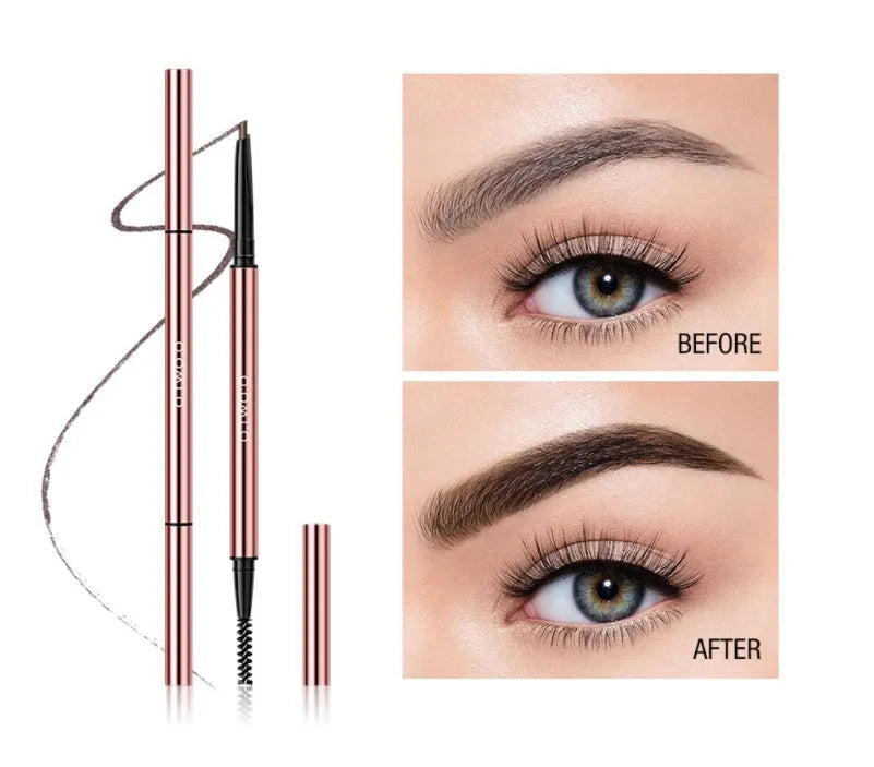 Slim eyebrow make-up pencil in colour box packaging with six shade options shown.
