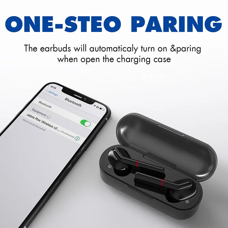 VV1 Black and White Bluetooth Earphones with charging case.