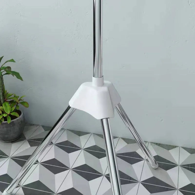 Mobile three-layer stainless steel drying rack with sock rack, tie rack, and clothes hanger