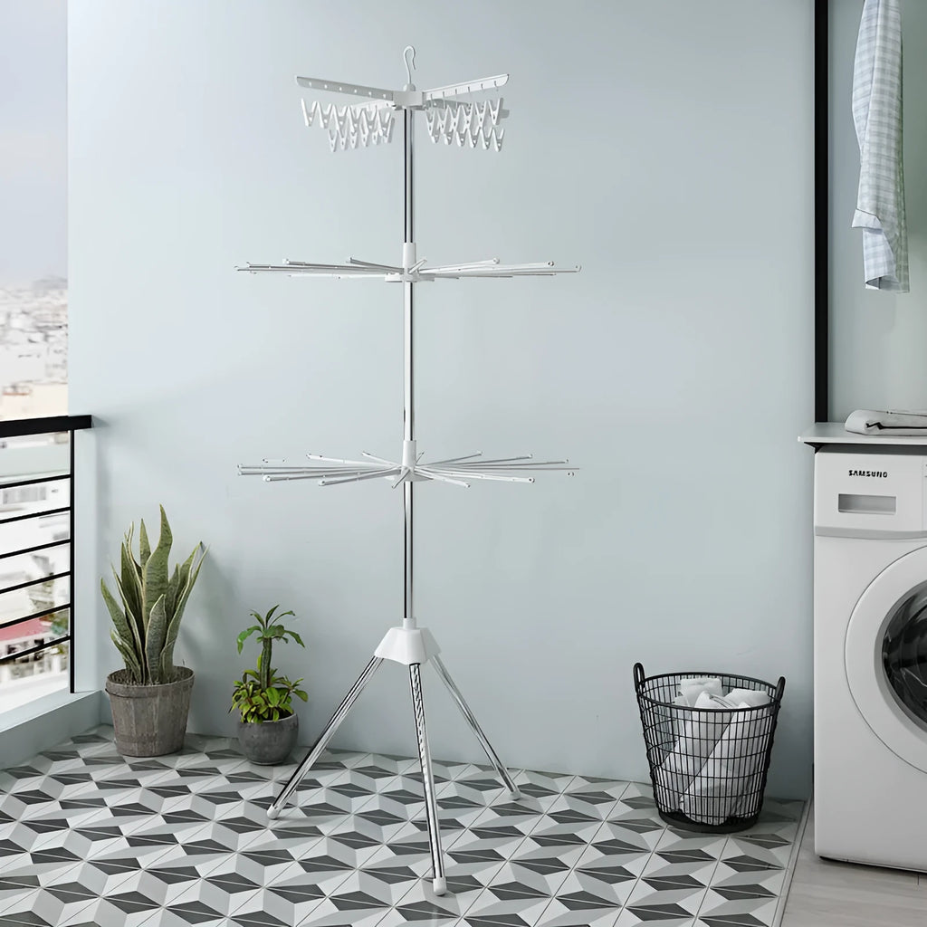 Mobile three-layer stainless steel drying rack with sock rack, tie rack, and clothes hanger