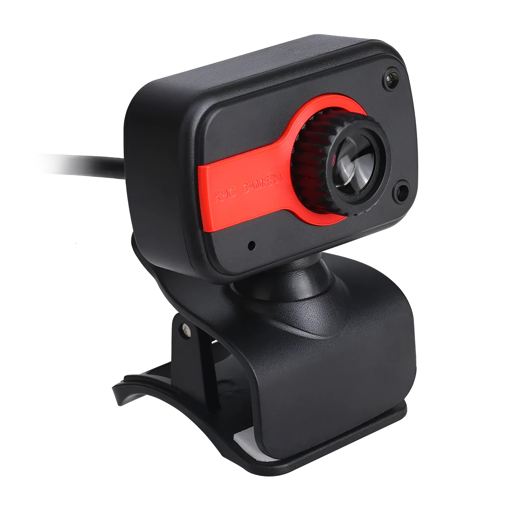 Blue mini USB webcam with a 360-degree rotating head on a desk next to a laptop.