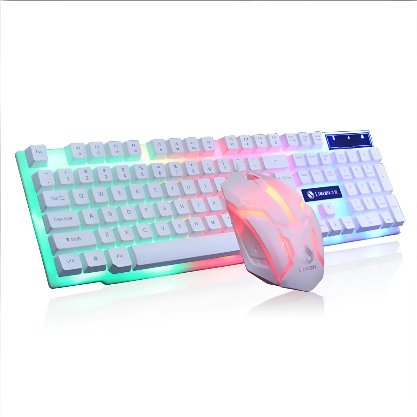 Limei GTX300 white and black gaming keyboard and mouse set with RGB backlight on a desk.