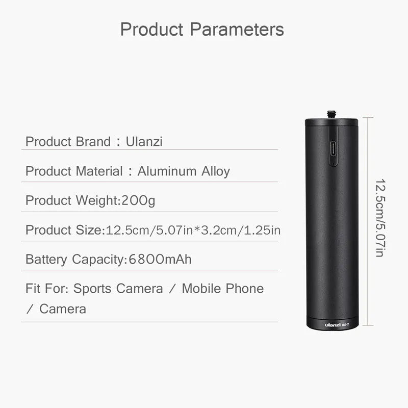 Black aluminium alloy power bank handle with 6800mAh capacity for mobile charging