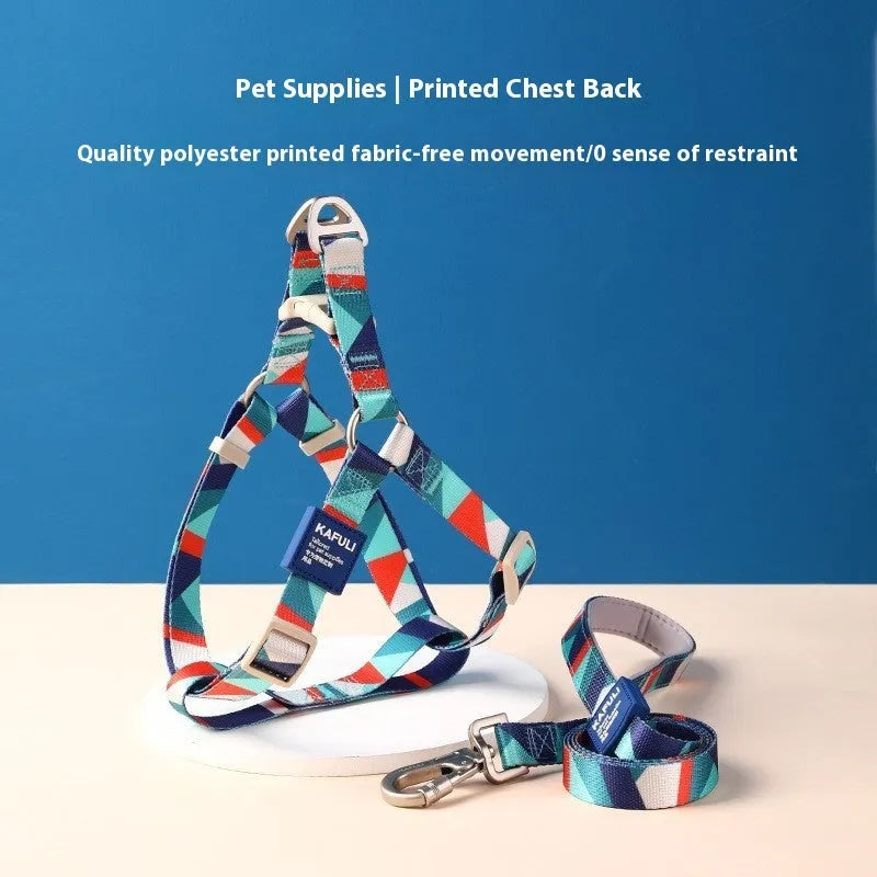 Blue polyester dog harness and lead combo set showing adjustable chest strap and attached rope.