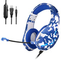 Wired camouflage gaming headset with microphone, cloth earmuffs, and a braided cable