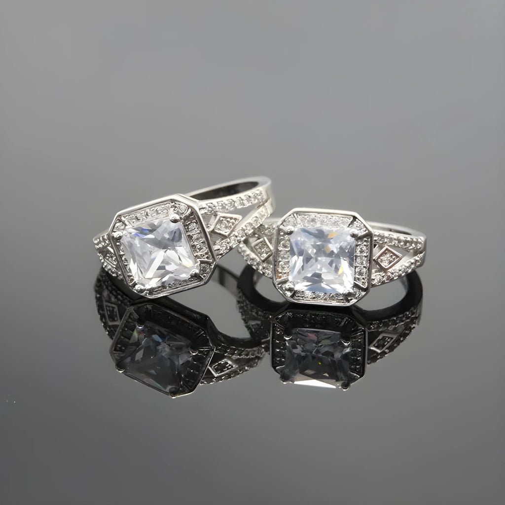 Geometric women's zircon ring with hollow quadrilateral design in platinum colour on copper