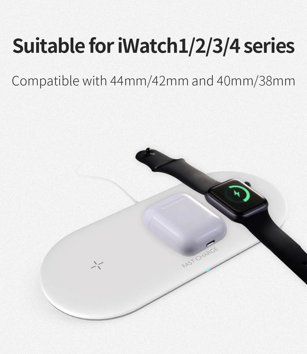 White three-in-one wireless charging station for Apple iPhone, watch, and headphones on a desk.