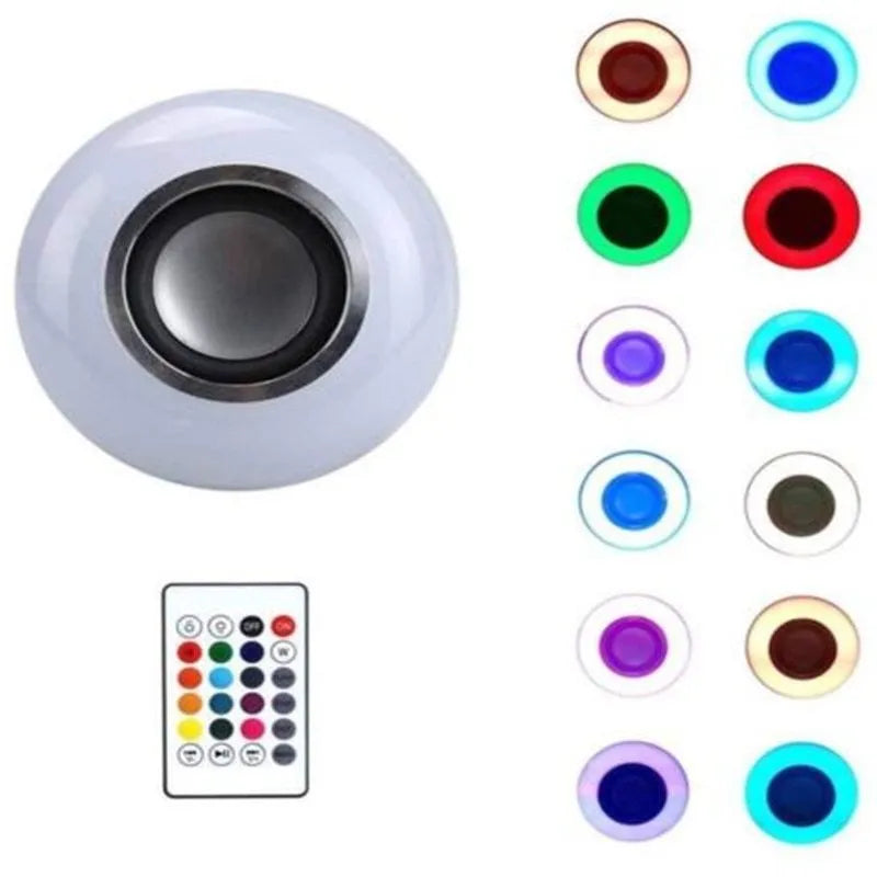 White smart LED bulb with Bluetooth speaker and remote control for colour changing lights.