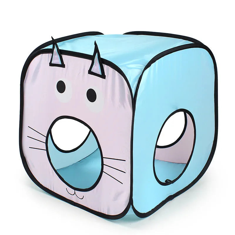 Foldable pet tunnel with cat and fish design in collapsed and expanded positions