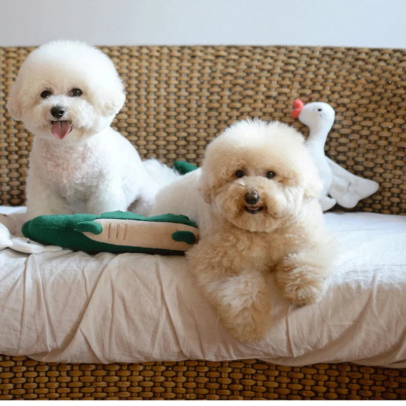 Green plush toy dog soft stuffed animal measuring 35cm by 18cm.