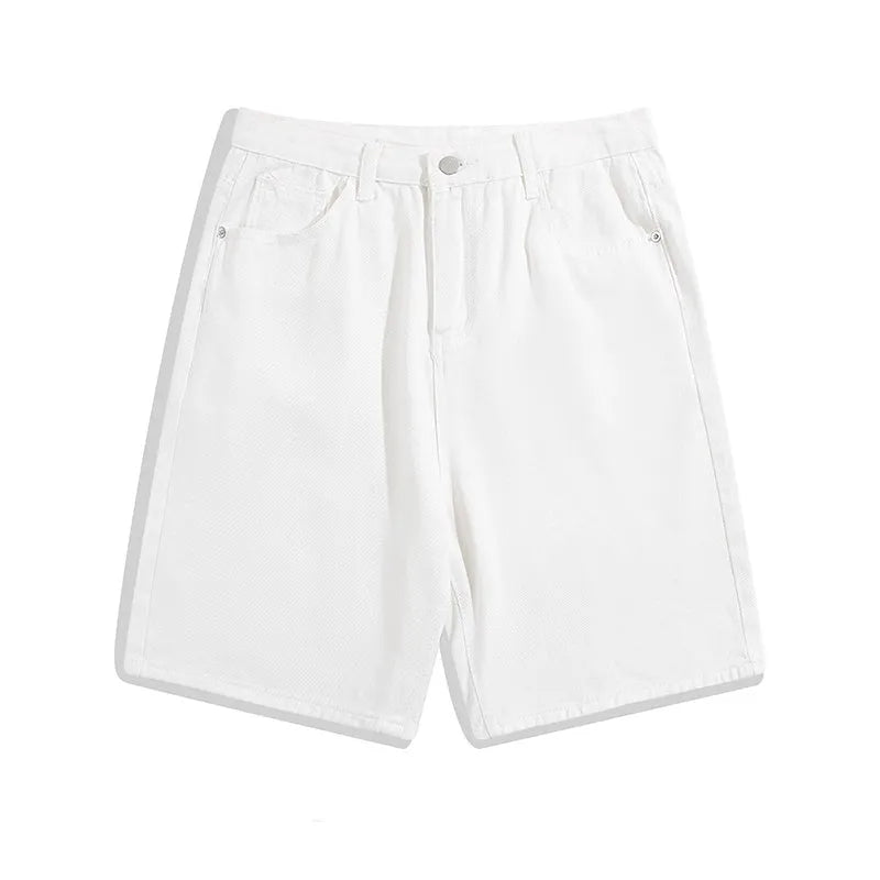 Men's light blue straight-leg denim shorts with a mid-rise waist and zip fly on a plain background.