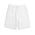 Men's light blue straight-leg denim shorts with a mid-rise waist and zip fly on a plain background.