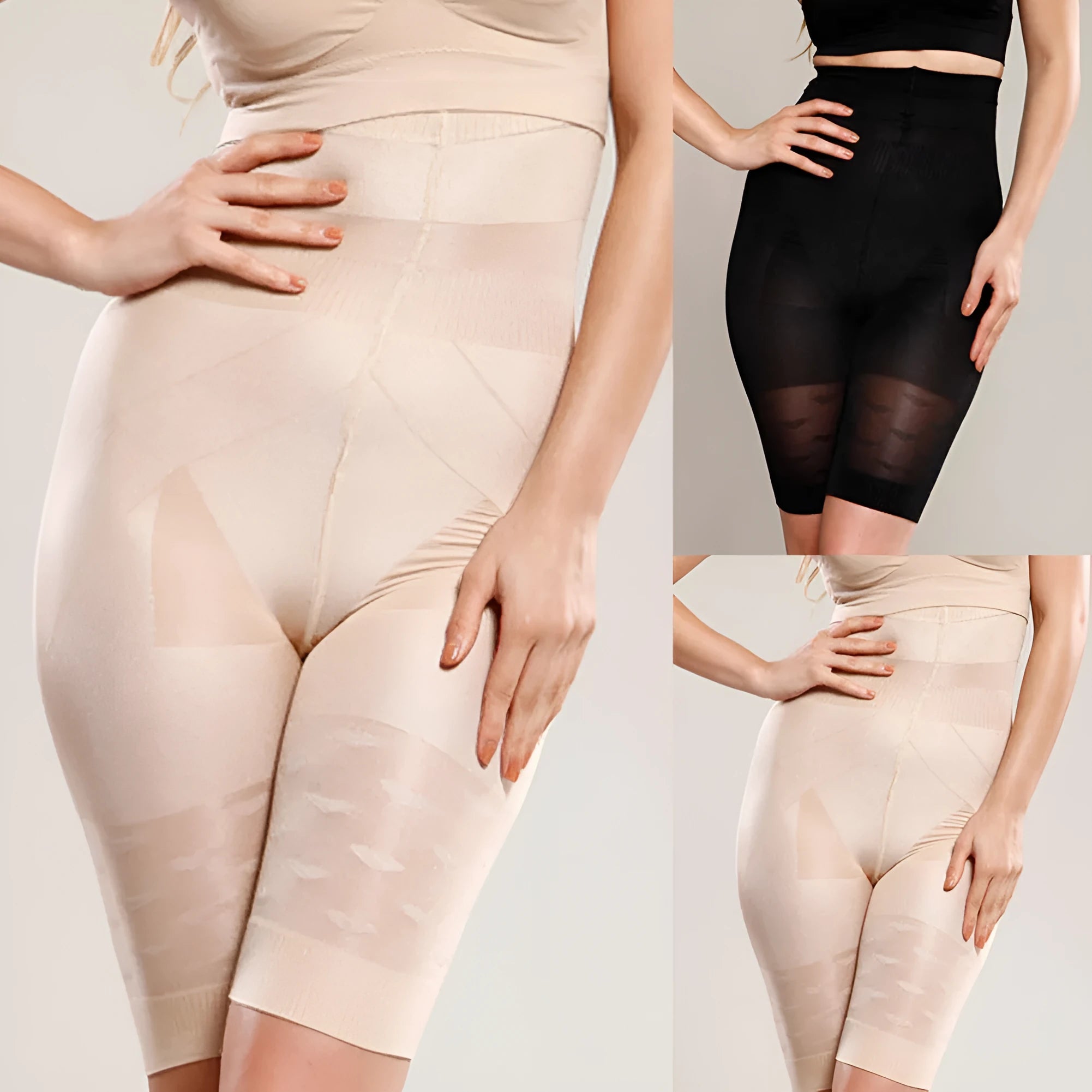 Women's black seamless high-waist shapewear shorts laid flat showing tummy control panel.