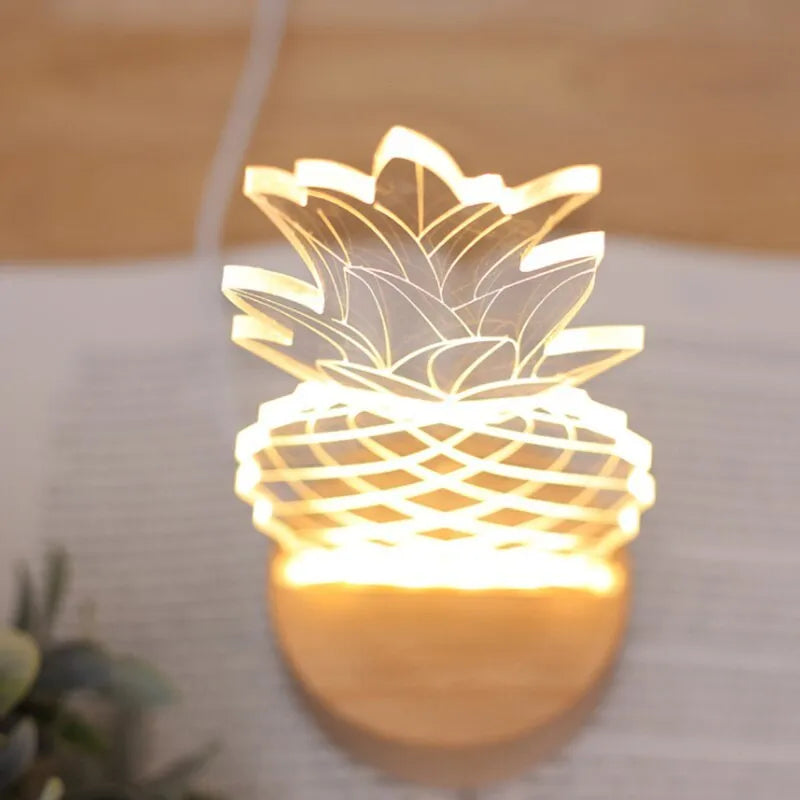 Cartoon pineapple-shaped bedside table lamp with wood base and acrylic shade, showing dimmer buttons.