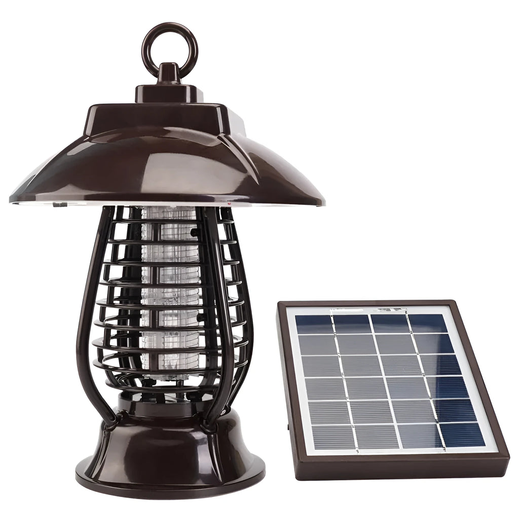 White solar powered mosquito lamp with solar panel and purple/white light switch for outdoor garden insect control