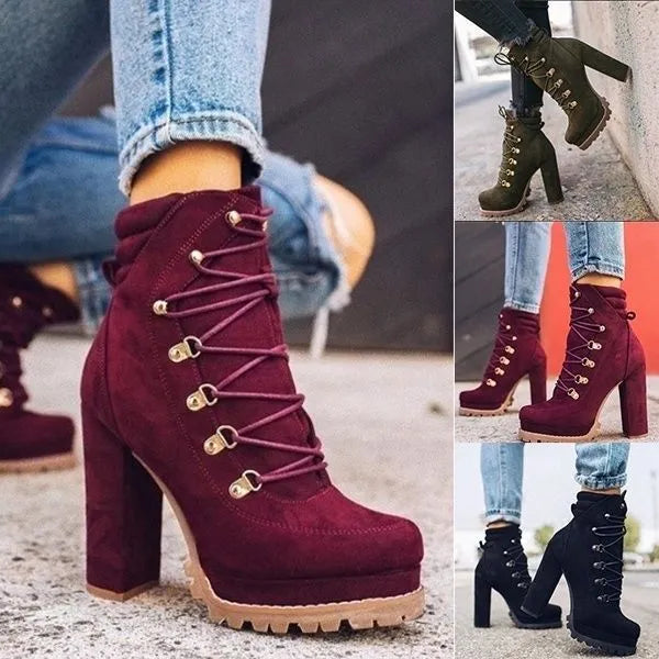Women's suede high heel combat boots in army green with thick heel and buckle details