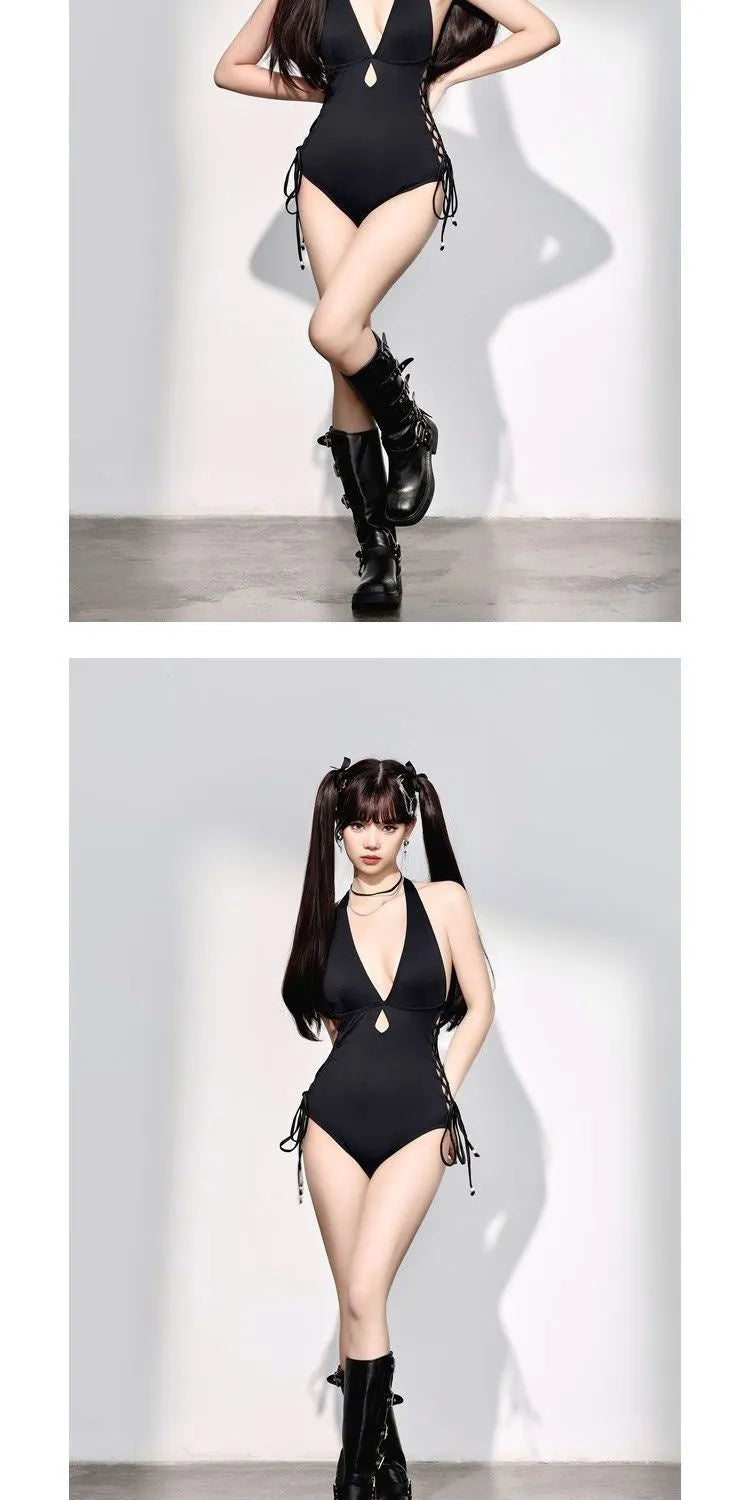 Black women's V-neck one-piece swimsuit with hollow strap design