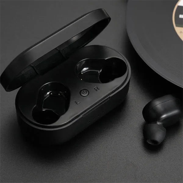 Black and white Bluetooth headphones with earbud design for wireless stereo sound