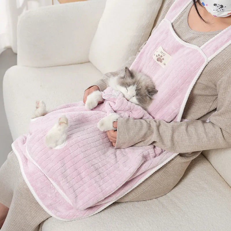 Cat petting apron in multiple colour options including pink, light blue, and striped patterns for grooming protection