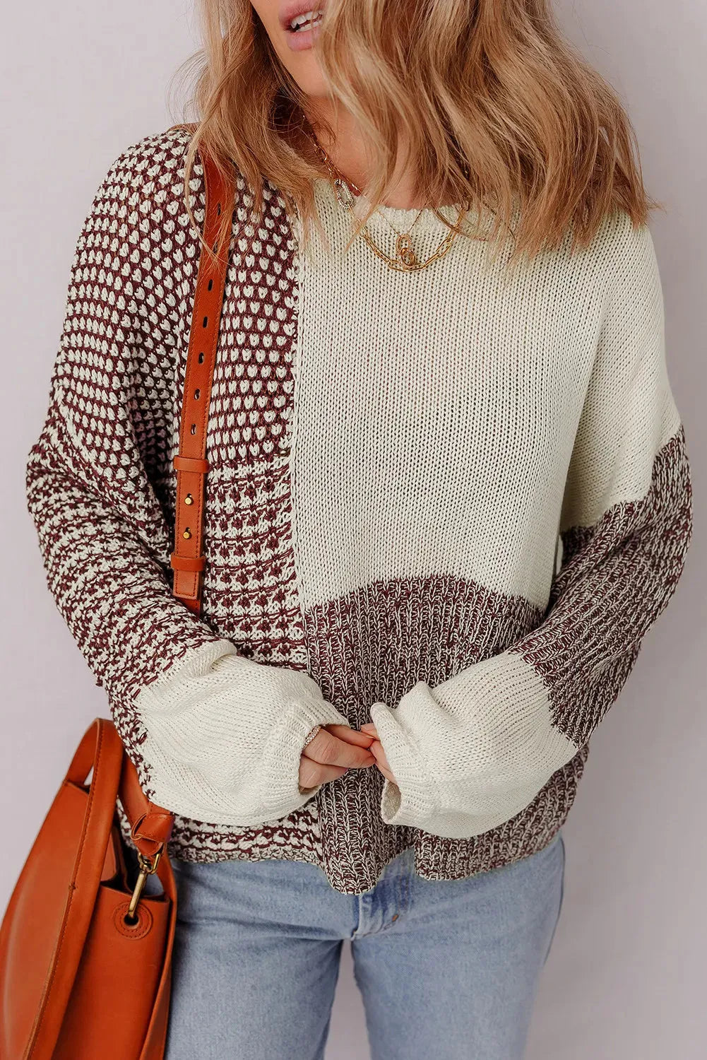 Dark khaki colour block loose sweater with a back tie and drop shoulder sleeves.