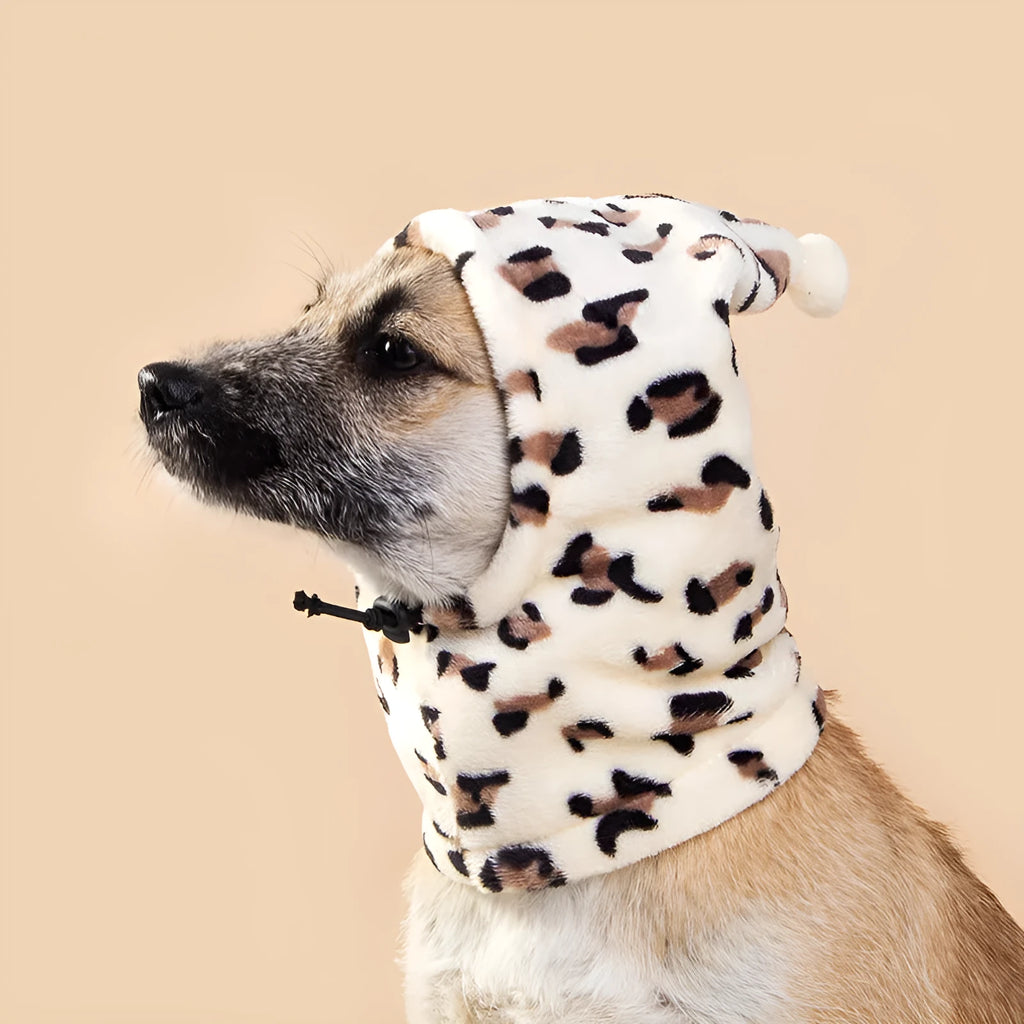 A cloth bear and rabbit ears headdress for pets in leopard print, black, and red colours.