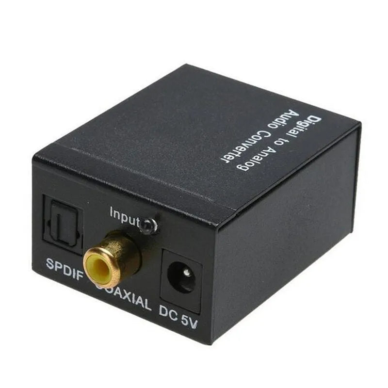 Black digital to analogue audio converter with Toslink and RCA inputs for DVD and AV systems.