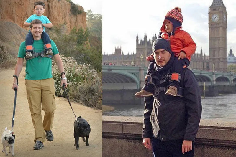 Hands-free shoulder carrier with cushioned hip seat and ankle straps in backpack style for toddler aged 2-5 years