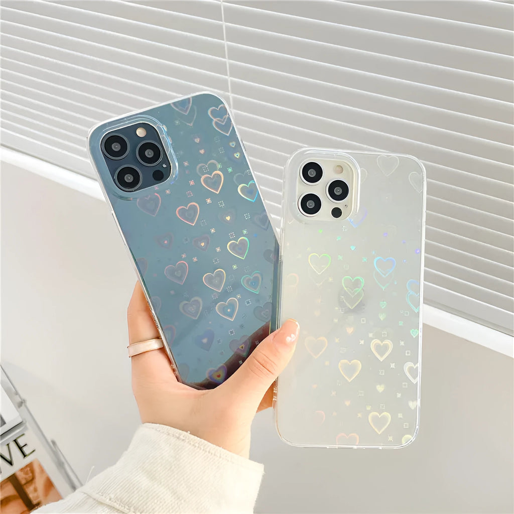 Transparent silicone iPhone case with a laser colourful love heart and butterfly pattern design.