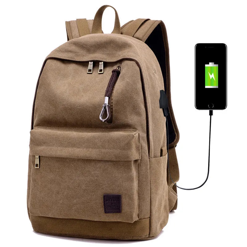 Canvas backpack with USB charging port showing coffee, grey, khaki, and black colour options