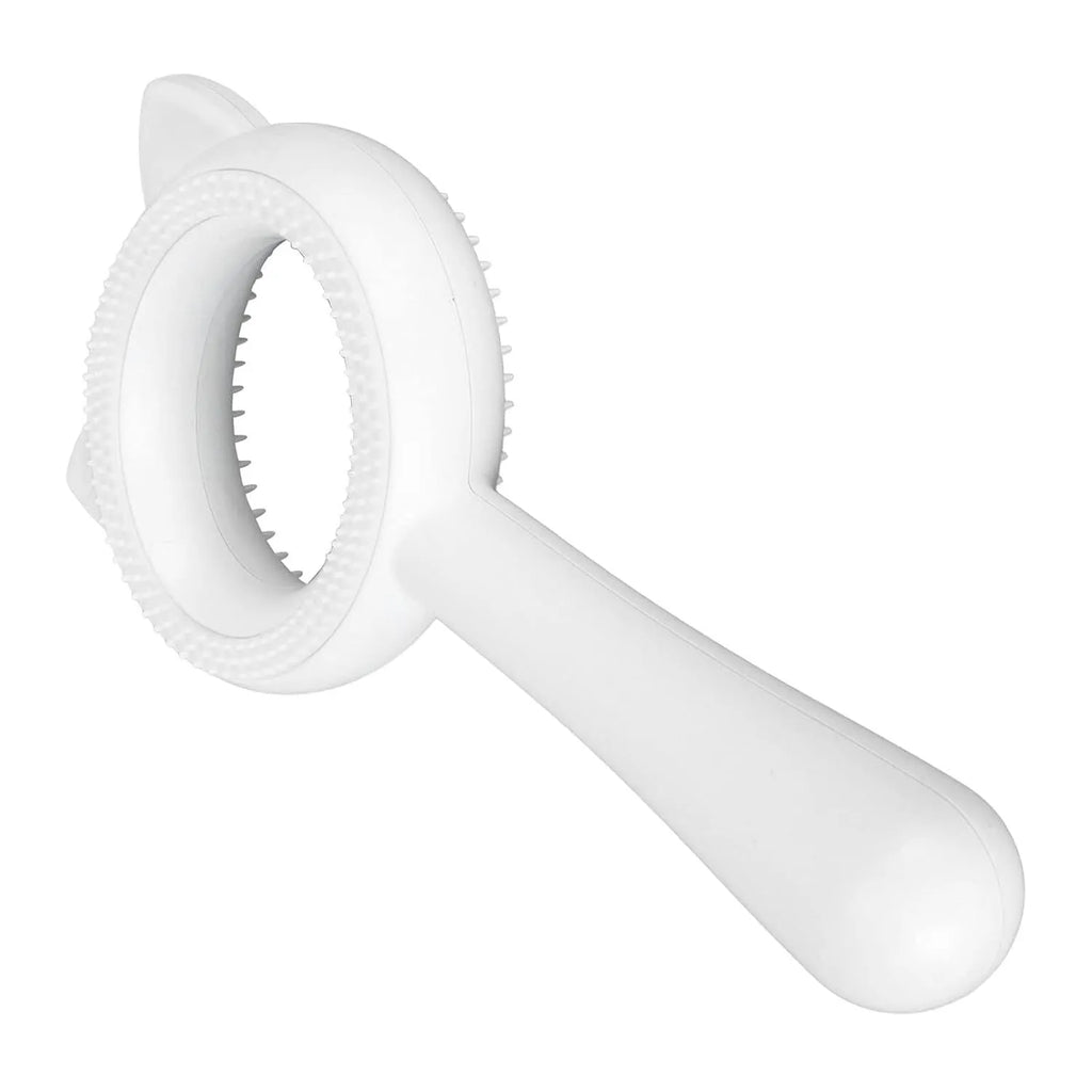 Blue and white double-sided pet grooming brush with comfortable handle for cats and dogs.