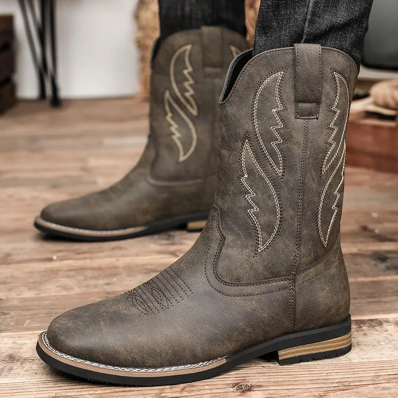 Men's retro western cowboy worker boots in brown, round toe PU leather with rubber sole, side view